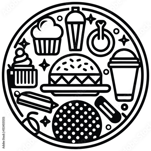 Fast Food Icon Set in Black and White – Burger, Drinks, Desserts, Pizza, and Snacks Vector