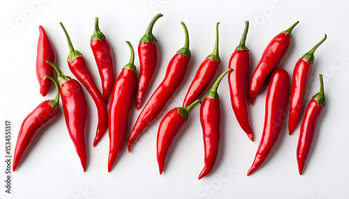 Red cut chili peppers on white background. Top view
