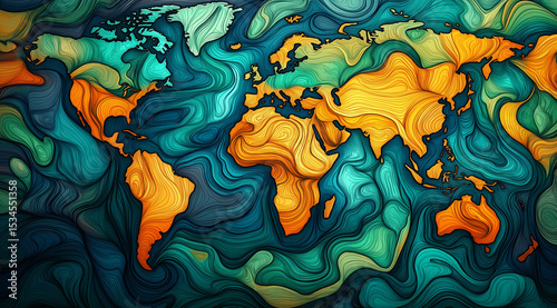 Map of the earth with continents surrounded by moving digital data flows and neural networks.	