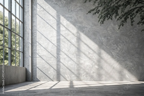 Panoramic abstract grey background for product presentation with sunlight and blurred shadows wall. 