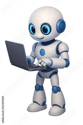 Cute Robot Using Laptop – AI Technology Mascot for Digital and Tech Concepts