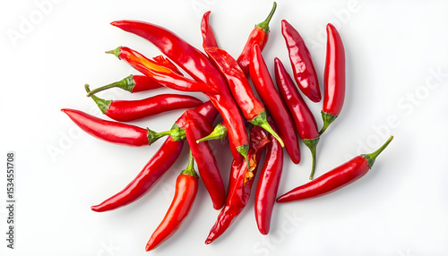 Red cut chili peppers on white background. Top view