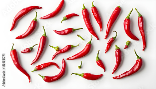 Red cut chili peppers on white background. Top view