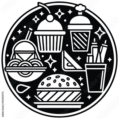 Fast Food Icon Set in Black and White – Burger, Drinks, Desserts, Pizza, and Snacks Vector
