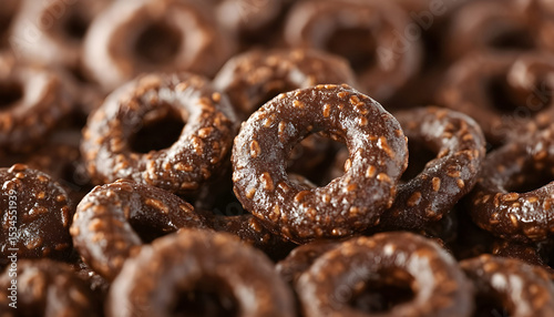 Tasty chocolate cereal rings as background, closeup