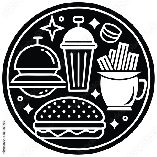 Fast Food Icon Set in Black and White – Burger, Drinks, Desserts, Pizza, and Snacks Vector