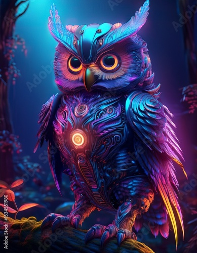 A cybernetic owl, forged from alien alloys, perches on neon branches in a glowing forest, its eyes swirling like portals, scanning timelines for secrets of distant galaxies and lost civilizations