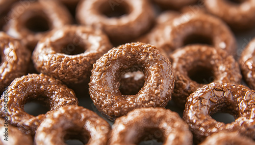 Tasty chocolate cereal rings as background, closeup
