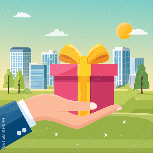 Gift reward program, bonus or surprise present for customer, employee reward or lucky prize, birthday gift box or festive incentive, special loyalty program concept, hand giving gift box with ribbo
