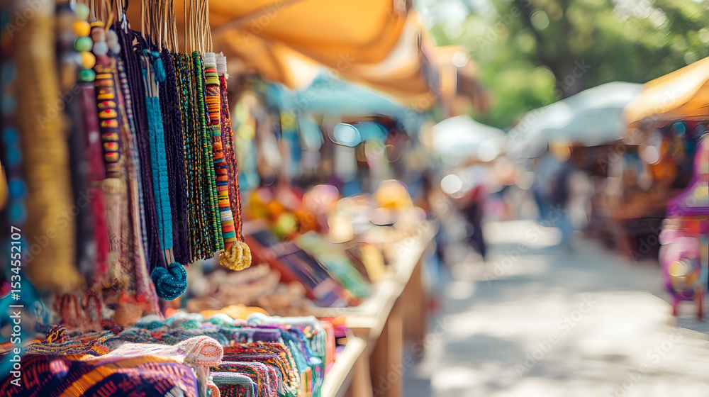 Naklejka premium Outdoor market with colorful crafts and blurred people in background