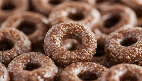 Tasty chocolate cereal rings as background, closeup