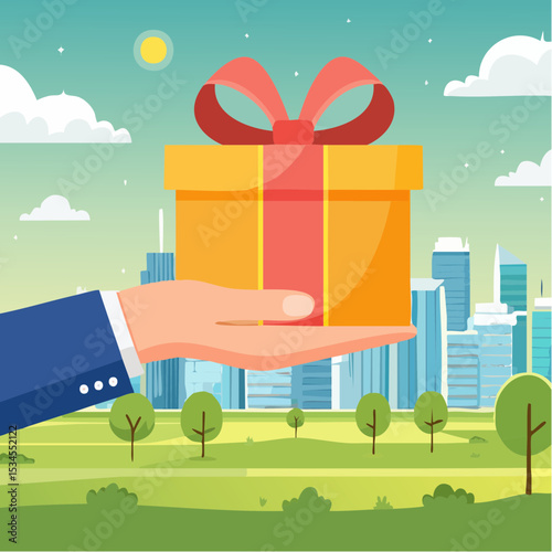 Gift reward program, bonus or surprise present for customer, employee reward or lucky prize, birthday gift box or festive incentive, special loyalty program concept, hand giving gift box with ribbo