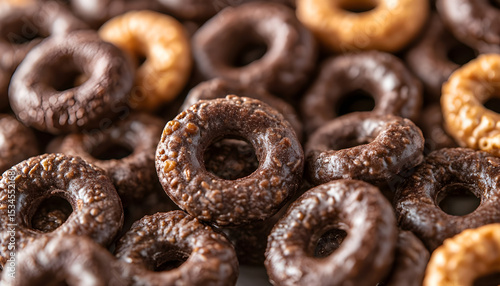 Tasty chocolate cereal rings as background, closeup