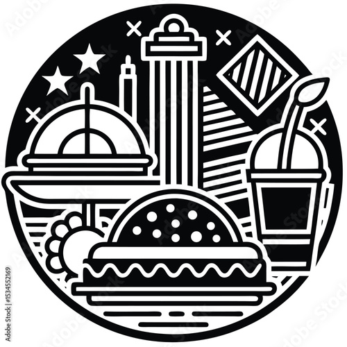 Fast Food Icon Set in Black and White – Burger, Drinks, Desserts, Pizza, and Snacks Vector