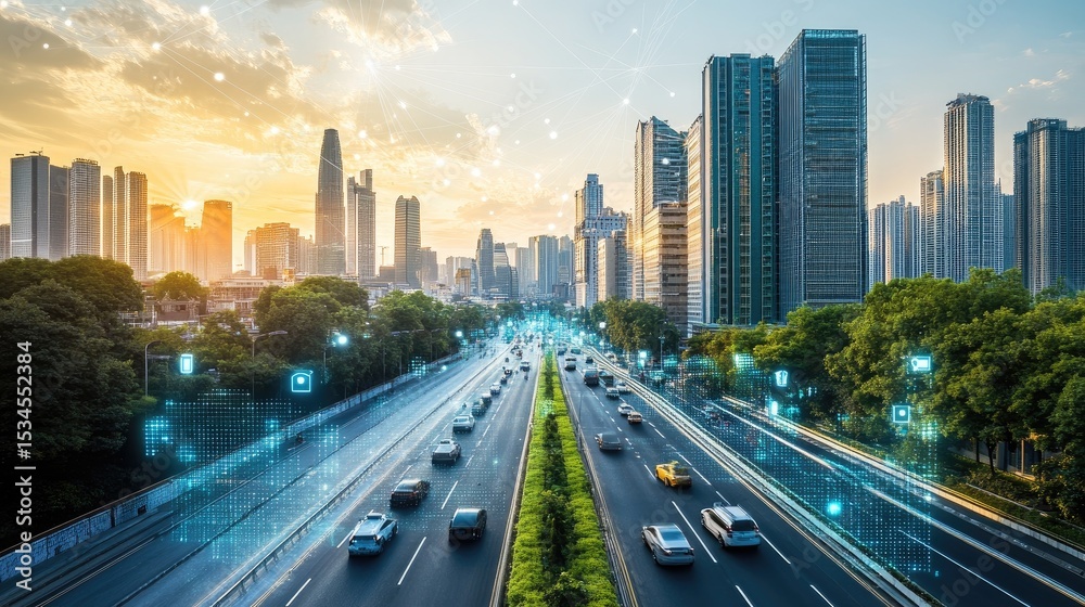 Fototapeta premium Urban Cityscape at Sunrise with Highways and Skyscrapers in Futuristic Technology Environment