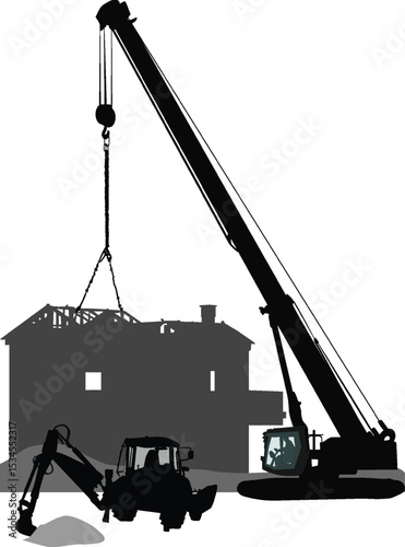 black excavator and crane silhouette bild house on white background