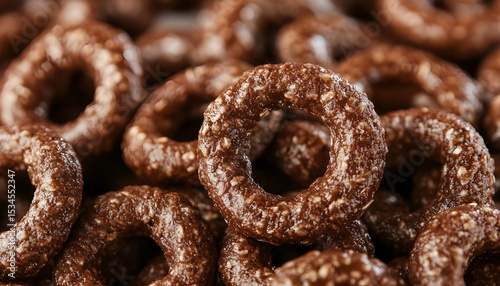 Tasty chocolate cereal rings as background, closeup