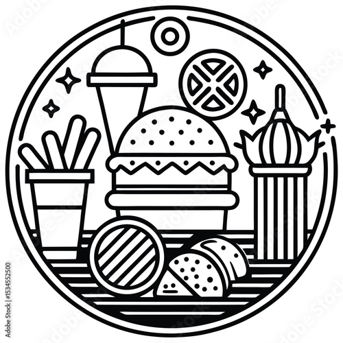 Fast Food Icon Set in Black and White – Burger, Drinks, Desserts, Pizza, and Snacks Vector
