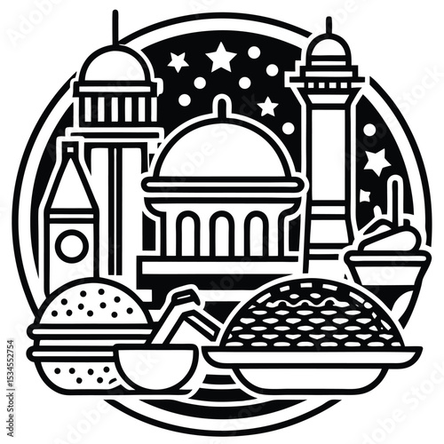 Fast Food Icon Set in Black and White – Burger, Drinks, Desserts, Pizza, and Snacks Vector