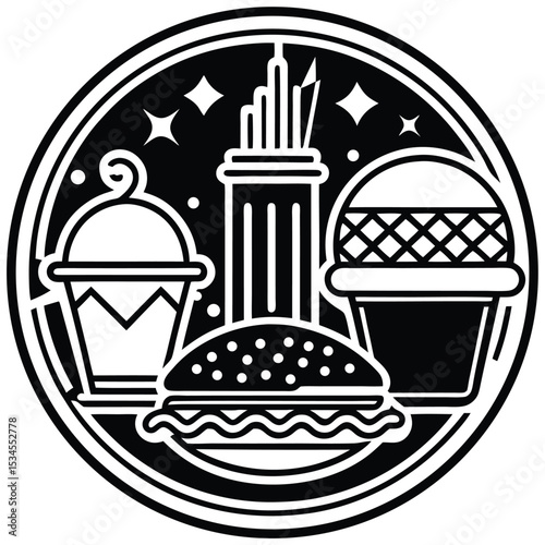 Fast Food Icon Set in Black and White – Burger, Drinks, Desserts, Pizza, and Snacks Vector