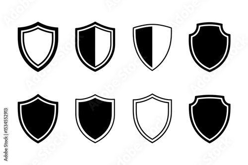 Collection of eight shield icons in black and white