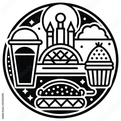 Fast Food Icon Set in Black and White – Burger, Drinks, Desserts, Pizza, and Snacks Vector