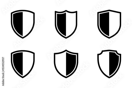 Collection of six black and white shield icons set