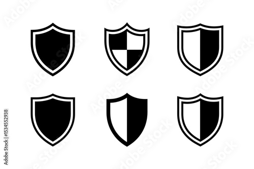 Collection of six shield icons in black and white