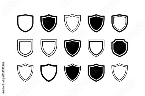 Collection of fifteen shield icons in black and white