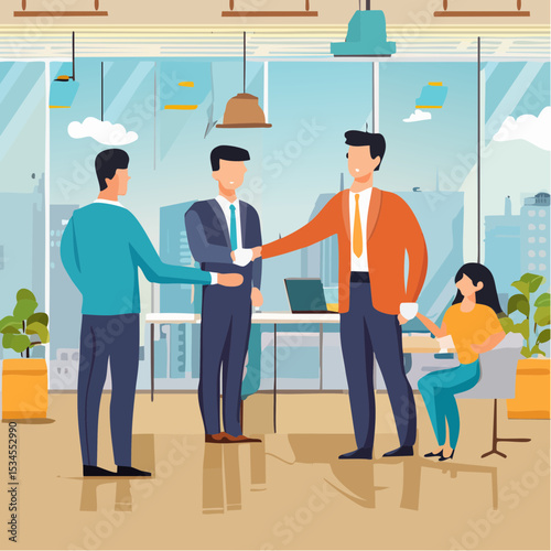 Onboarding new employee, warm welcome to new office, introduce new hire to colleagues, orientation training on first day concept, businessman manager handshake welcome and introduce new staff to tea