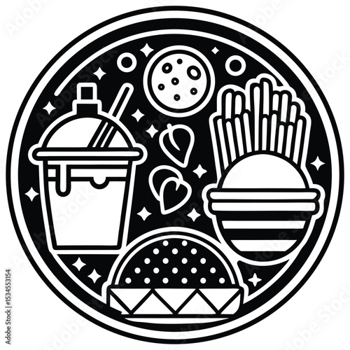 Fast Food Icon Set in Black and White – Burger, Drinks, Desserts, Pizza, and Snacks Vector