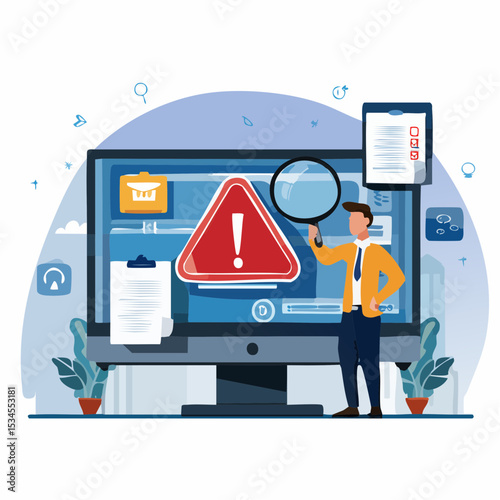Incident management, root cause analysis or solving problem, identify risk or critical failure concept, businessman with magnifier monitor and investigate incident with exclamation attention sig