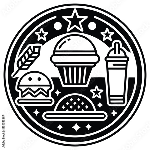 Fast Food Icon Set in Black and White – Burger, Drinks, Desserts, Pizza, and Snacks Vector