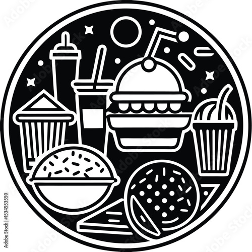 Fast Food Icon Set in Black and White – Burger, Drinks, Desserts, Pizza, and Snacks Vector