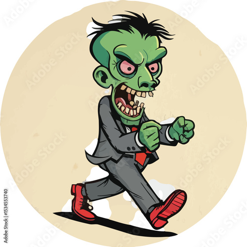 Cartoon zombie in business suit running on a beige background illustration