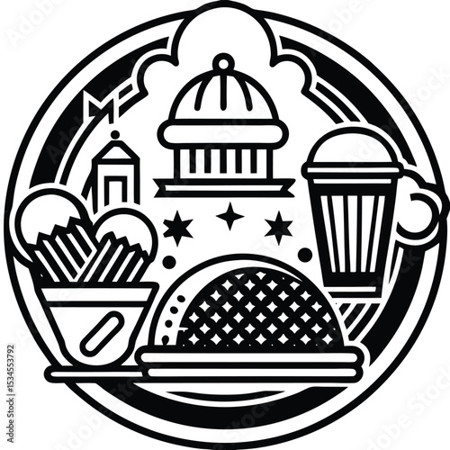 Fast Food Icon Set in Black and White – Burger, Drinks, Desserts, Pizza, and Snacks Vector