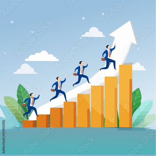 Business challenge, growing to success, growth chart or career path, teamwork winning together, work improvement or leadership, motivation concept, business people running on growth arrow up char