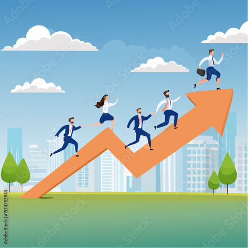 Business challenge, growing to success, growth chart or career path, teamwork winning together, work improvement or leadership, motivation concept, business people running on growth arrow up char