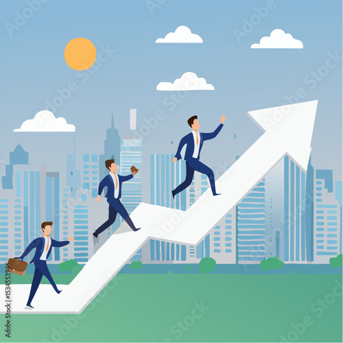 Business challenge, growing to success, growth chart or career path, teamwork winning together, work improvement or leadership, motivation concept, business people running on growth arrow up char