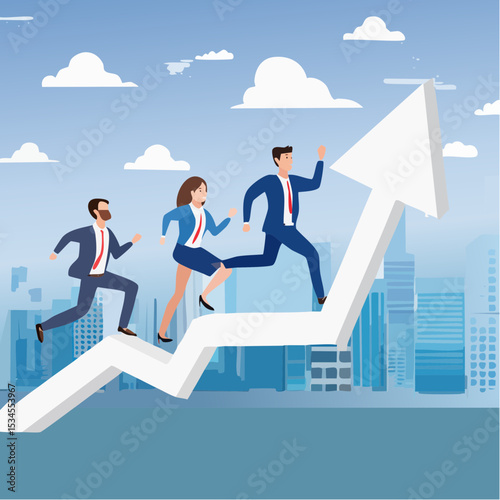 Business challenge, growing to success, growth chart or career path, teamwork winning together, work improvement or leadership, motivation concept, business people running on growth arrow up char