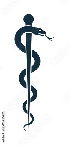 Staff of asclepius icon with single serpent, known as rod of aesculapius, classic symbol of healing and medicine, isolated on white background, used in healthcare logos, medical signs, and hospitals

