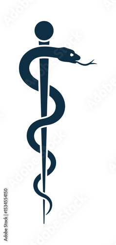 Asclepius rod symbol icon featuring snake wrapped around staff, used in healthcare and medical designs, isolated on white background, also known as rod of aesculapius or traditional healing emblem

