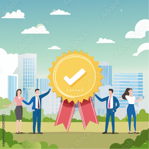 Team achievement, high quality employees, teamwork to help success together, best quality service reward, high performance staffs concept, business people celebrate high quality badge achievemen