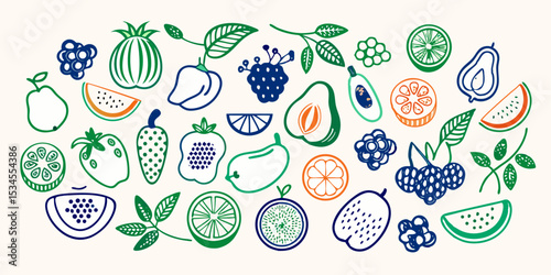 A delightful seamless vector pattern illustration set of fresh spring fruits, vegetables, and floral elements with a hint of Easter eggs