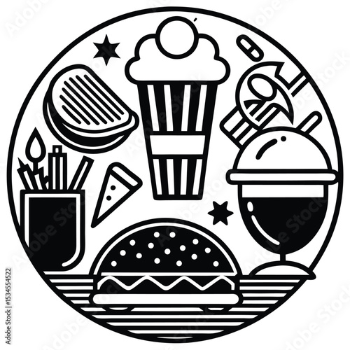 Fast Food Icon Set in Black and White – Burger, Drinks, Desserts, Pizza, and Snacks Vector