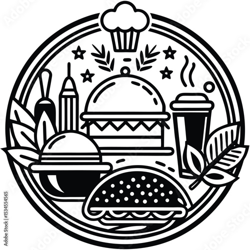 Fast Food Icon Set in Black and White – Burger, Drinks, Desserts, Pizza, and Snacks Vector