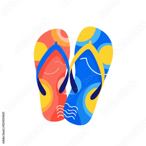 Colorful flip flops with abstract patterns on a white background  