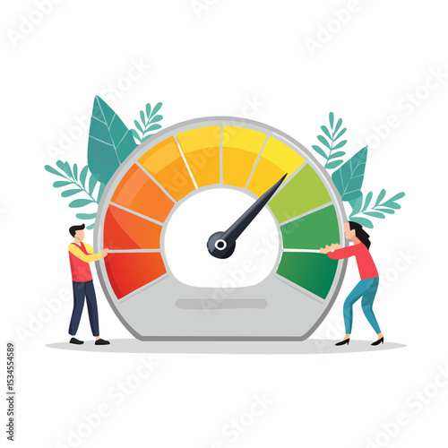 Performance rating, risk management or employee survey score, evaluation or grade assessment, employee engagement, credit score, productivity concept, business people help push measuring gauge scale