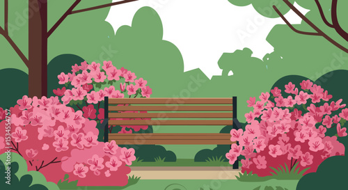 Park bench surrounded by blooming pink flowers and green trees peaceful outdoor scene 
