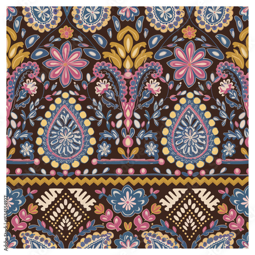 Whimsical folk-style seamless pattern with floral and paisley elements in pink, mustard, and denim on a deep brown background. Perfect for boho dresses, cushions, quilts, tote bags, and folk-inspired 